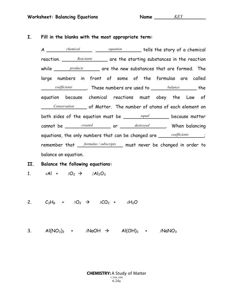 Worksheet Balancing Equations Name Chemistry As Well As Chemistry A Study Of Matter Worksheet