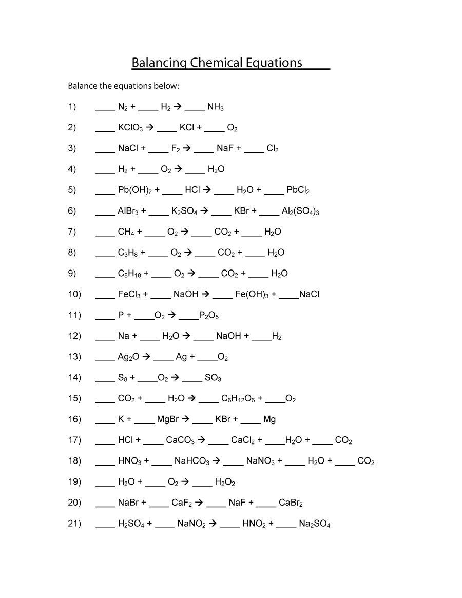 Worksheet Balancing Equations Practice Worksheet Balancing For Balancing Chemical Equations Worksheet 1 Answer Key