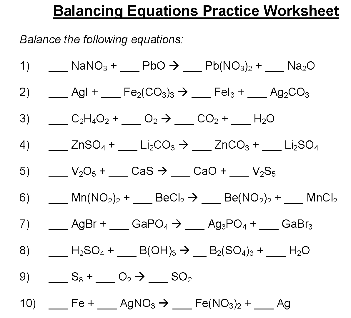 Worksheet Balancing Equations Practice Worksheet Balancing Or Balancing Equations Practice Worksheet