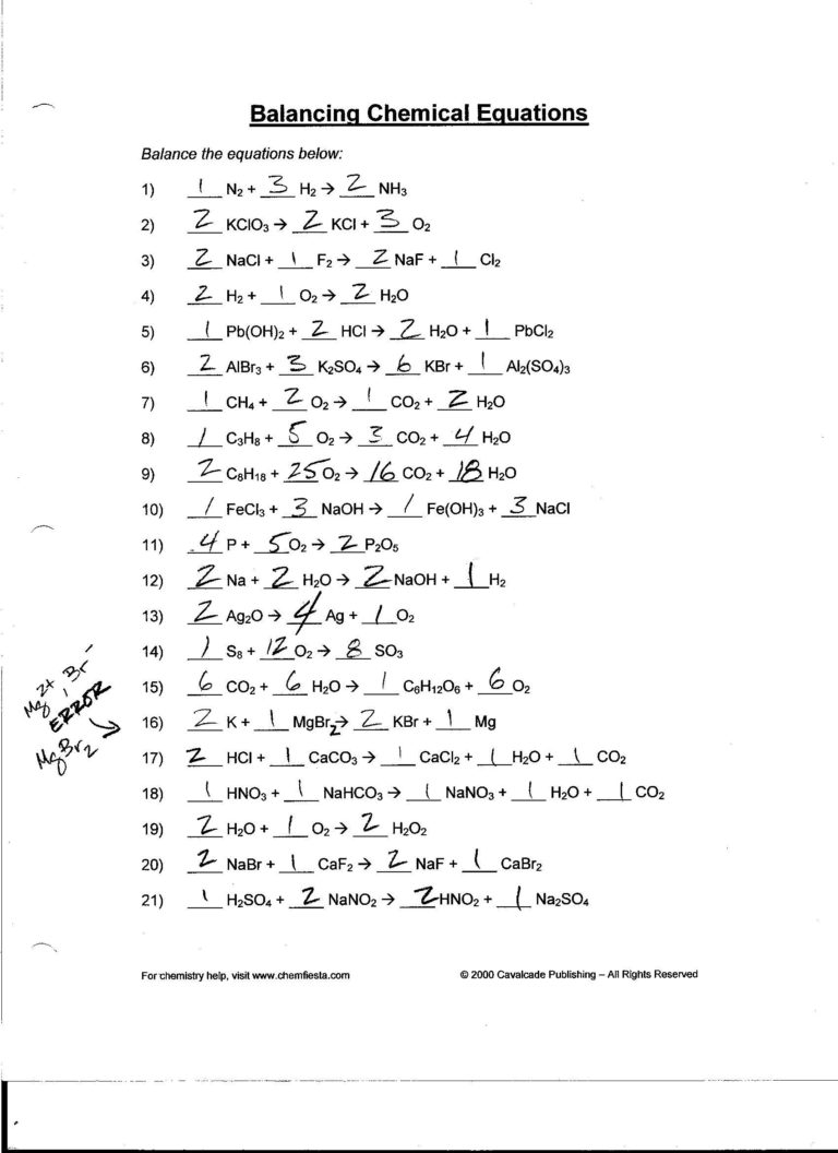 Balancing Chemical Reactions Worksheet Answer Key