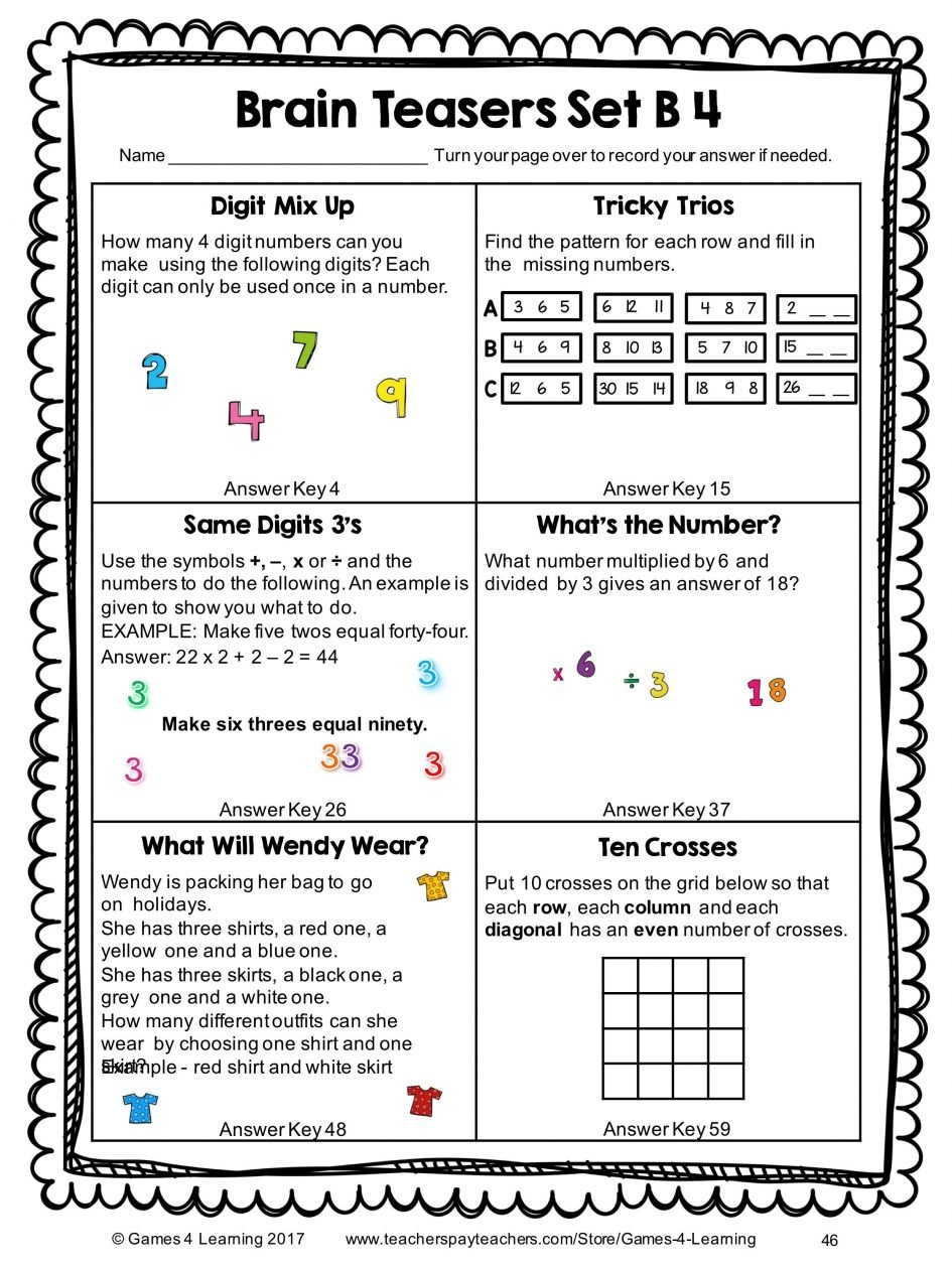 Worksheet Brain Teaser Worksheets Useful Brain Teaser Worksheets Inside 5Th Grade Math Brain Teasers Worksheets