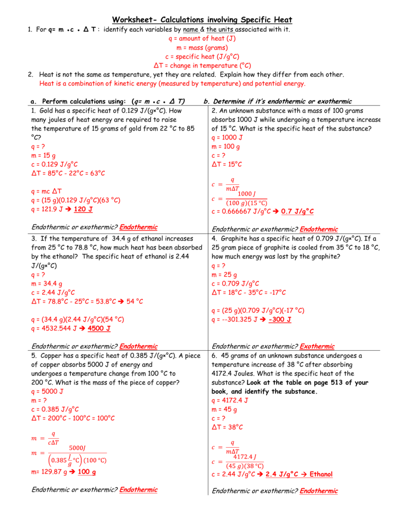 Worksheet Calculations Involving Specific Heat Within Specific Heat Calculations Worksheet