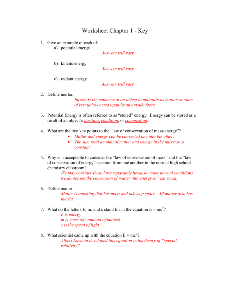 Worksheet Chapter 1  Trivalley Local School District Pertaining To E Mc2 Worksheet