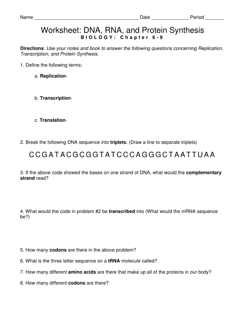 Worksheet Dna Rna And Protein Synthesis Regarding Worksheet On Dna Rna And Protein Synthesis Answer Sheet