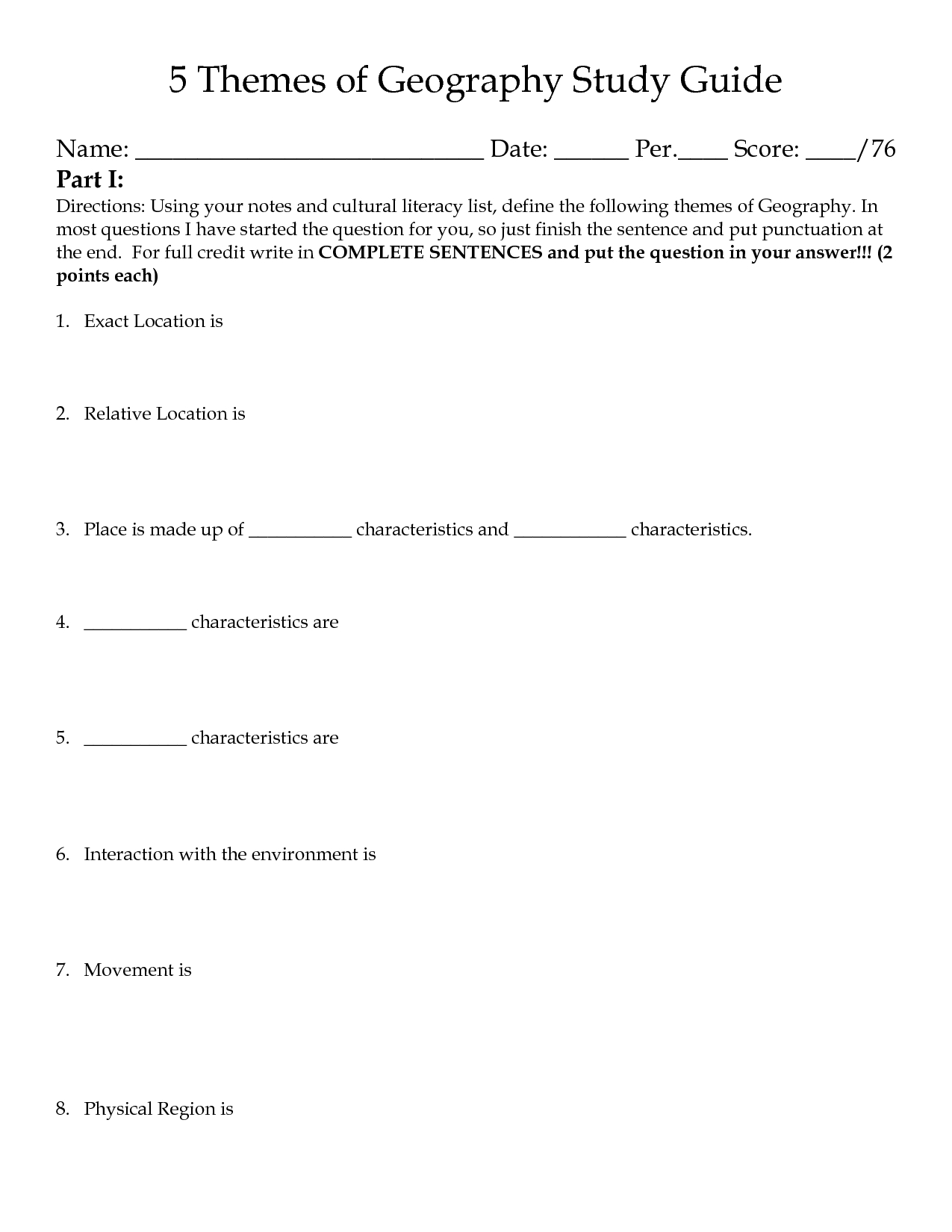 Worksheet Five Themes Of Geography Worksheet Themes Of Geography For Geography Worksheets High School