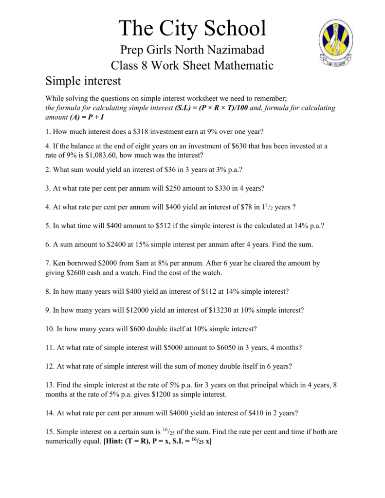 Worksheet For Simple Interest Worksheet