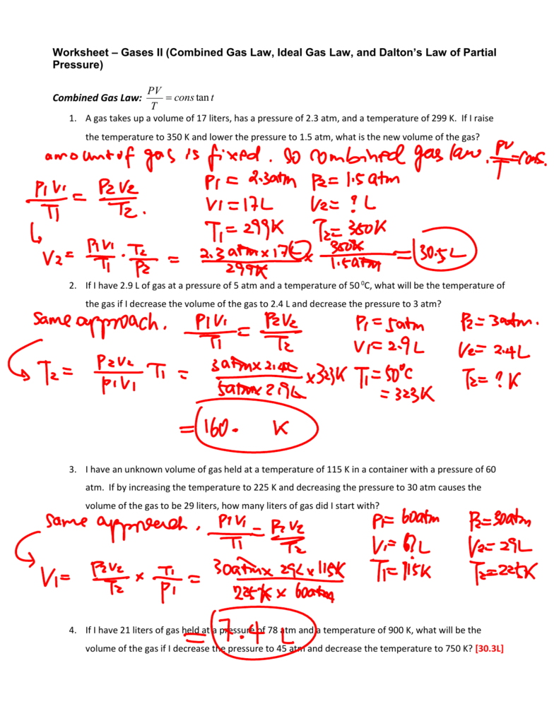 Worksheet  Gas Laws Ii Answers Pertaining To Combined Gas Law Problems Worksheet