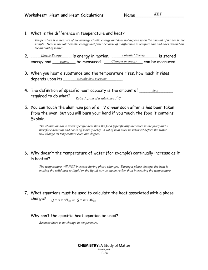 Worksheet Heat And Heat Calculations With Chemistry A Study Of Matter Worksheet Answers