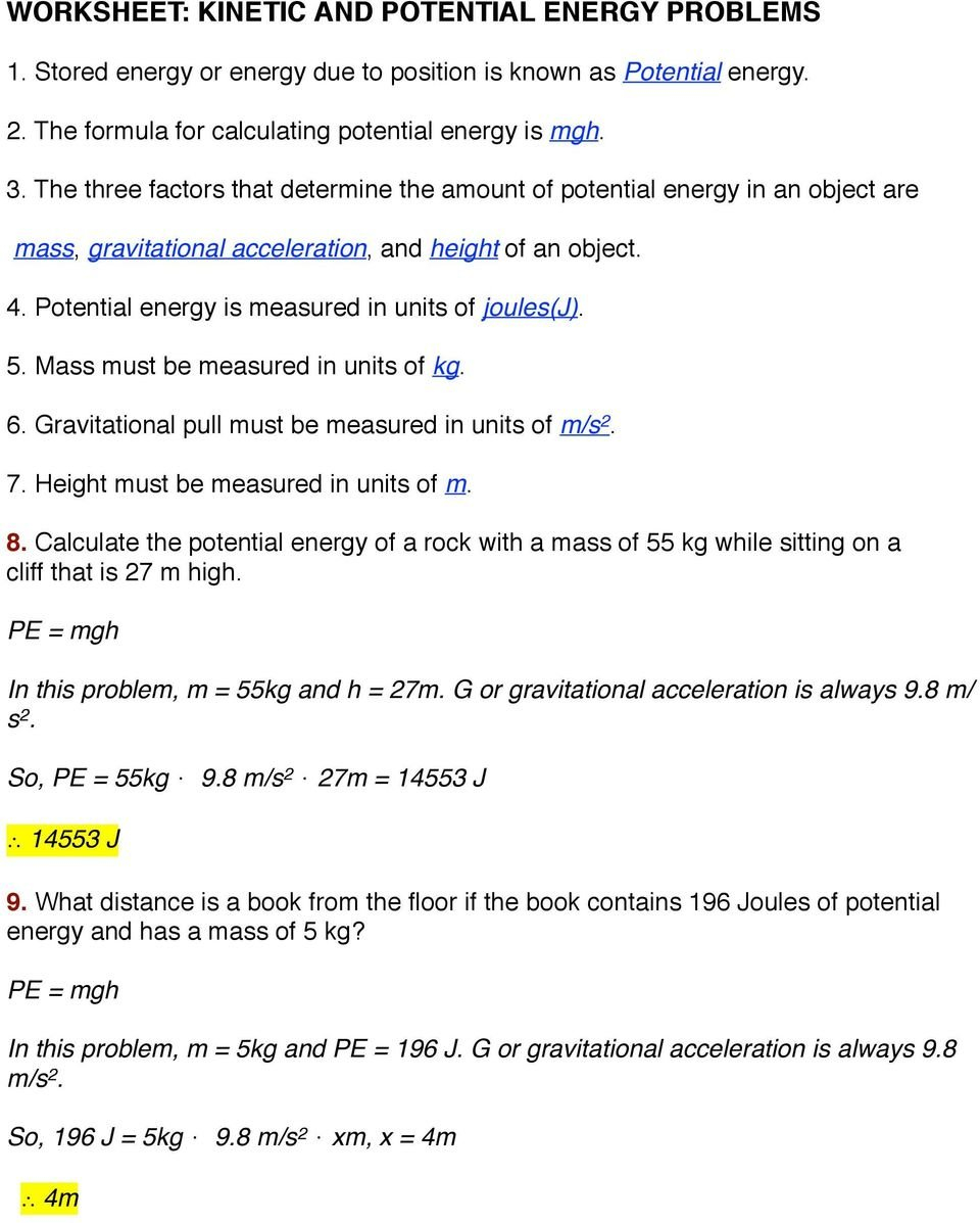 Worksheet Kinetic And Potential Energy Problems  Pdf With Kinetic And Potential Energy Worksheet Pdf