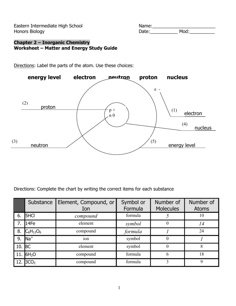 Worksheet  Matter  Energy Answer Key For Chemistry Worksheets For High School