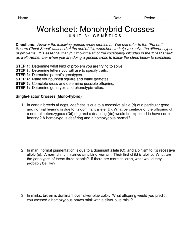 Worksheet Monohybrid Crosses Also Monohybrid Cross Problems 2 Worksheet With Answers