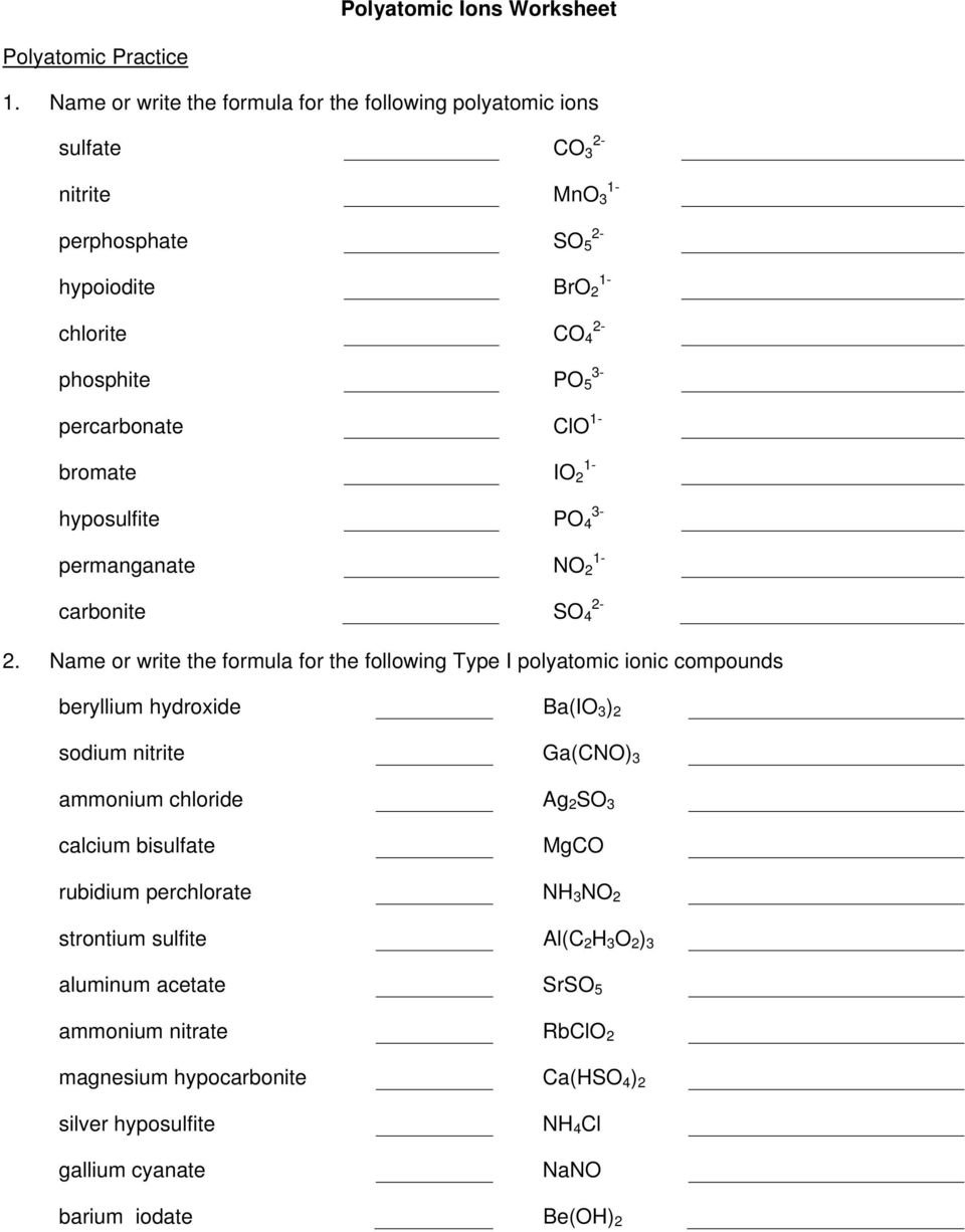 Worksheet Naming Ionic Compounds Worksheet Answer Key Polyatomic Along With Polyatomic Ionic Formulas Worksheet Answers