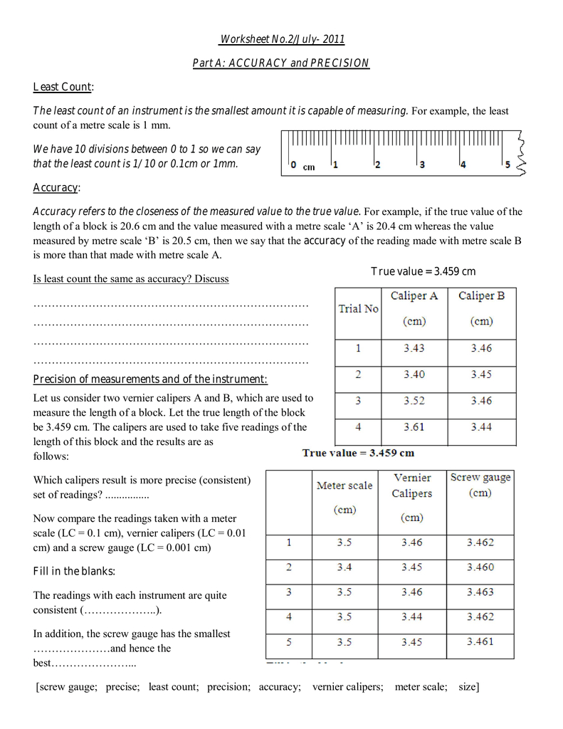 Worksheet No2July 2011 Part A Accuracy And Precision Least Count Also Accuracy And Precision Worksheet