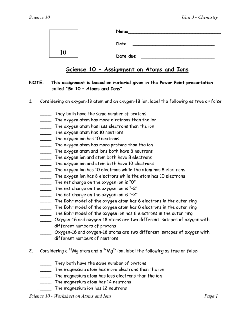 Worksheet On Atoms And Ions Or Atoms And Ions Worksheet