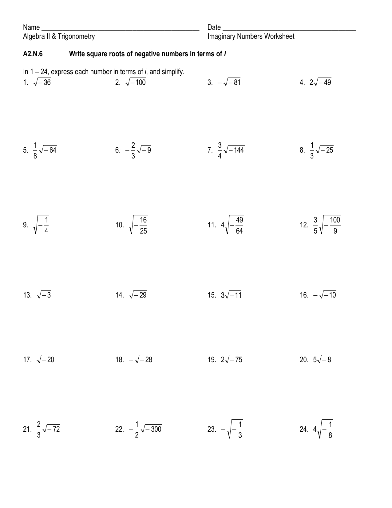 Worksheet Pertaining To Square Roots Of Negative Numbers Worksheet