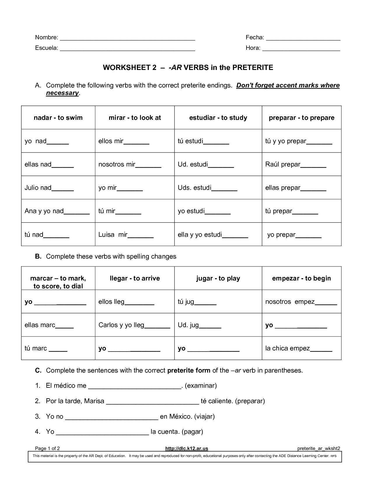 Worksheet Preterite Tense Answers  Briefencounters Also Preterite Practice Worksheet