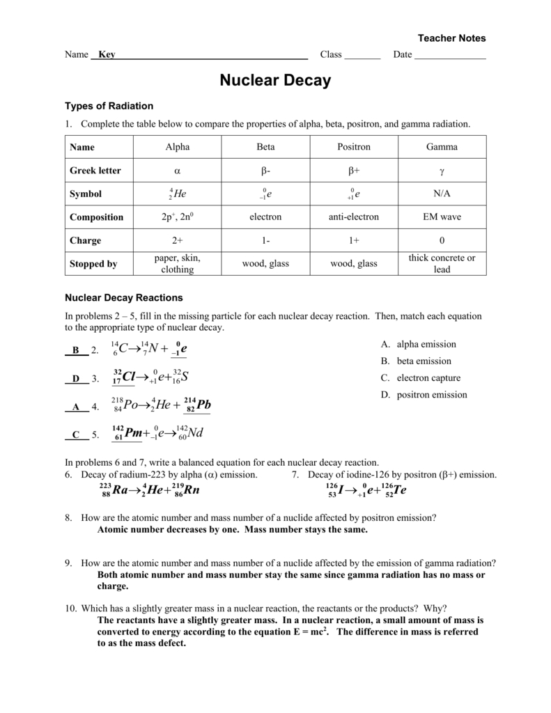 Worksheet  Radioactive Decay  Fissionfusion Key Or Nuclear Decay Worksheet