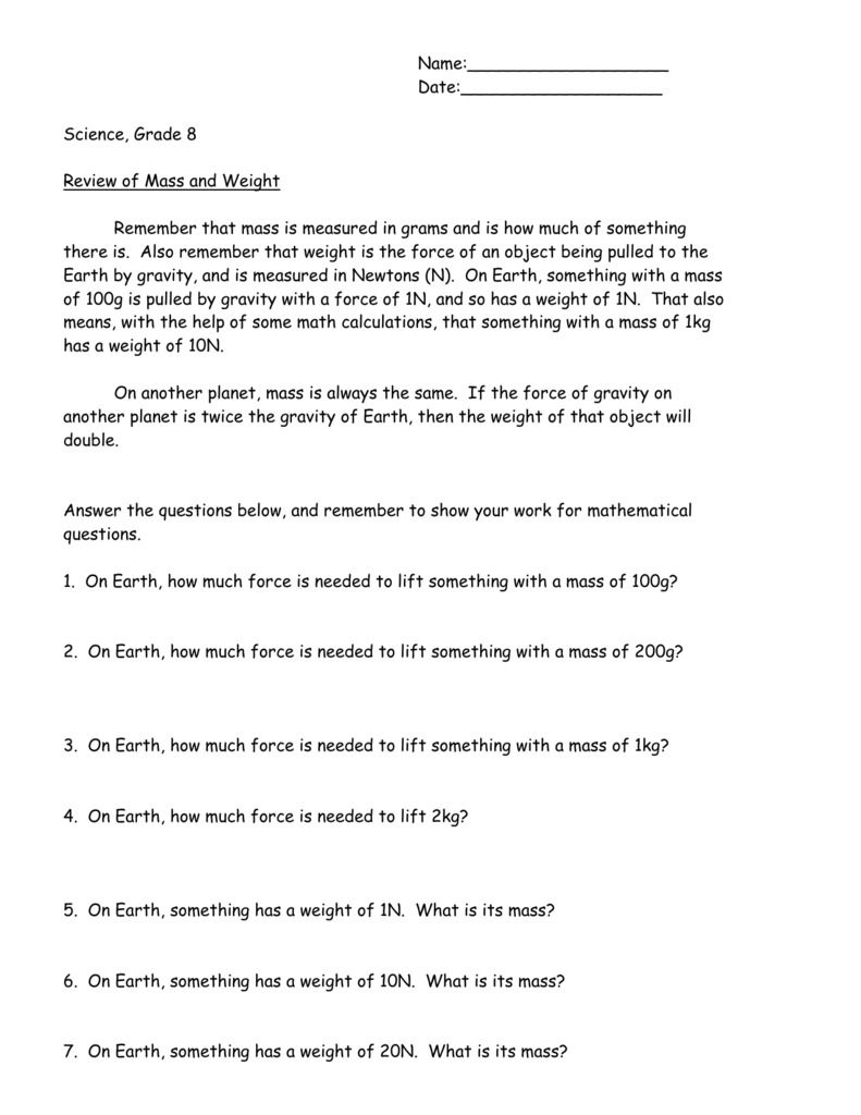 Worksheetmass And Weight On Earth And Other Planets With Science Mass Worksheets