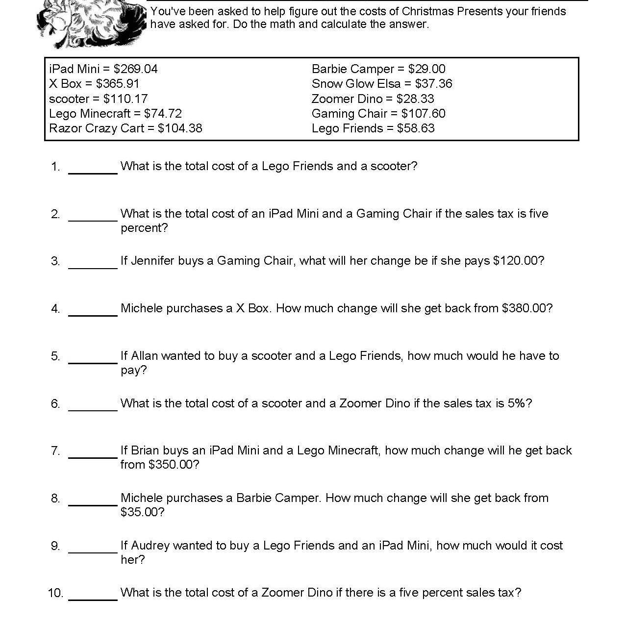 Worksheets For Christmas Math Problems For Calculating Sales Tax Worksheet