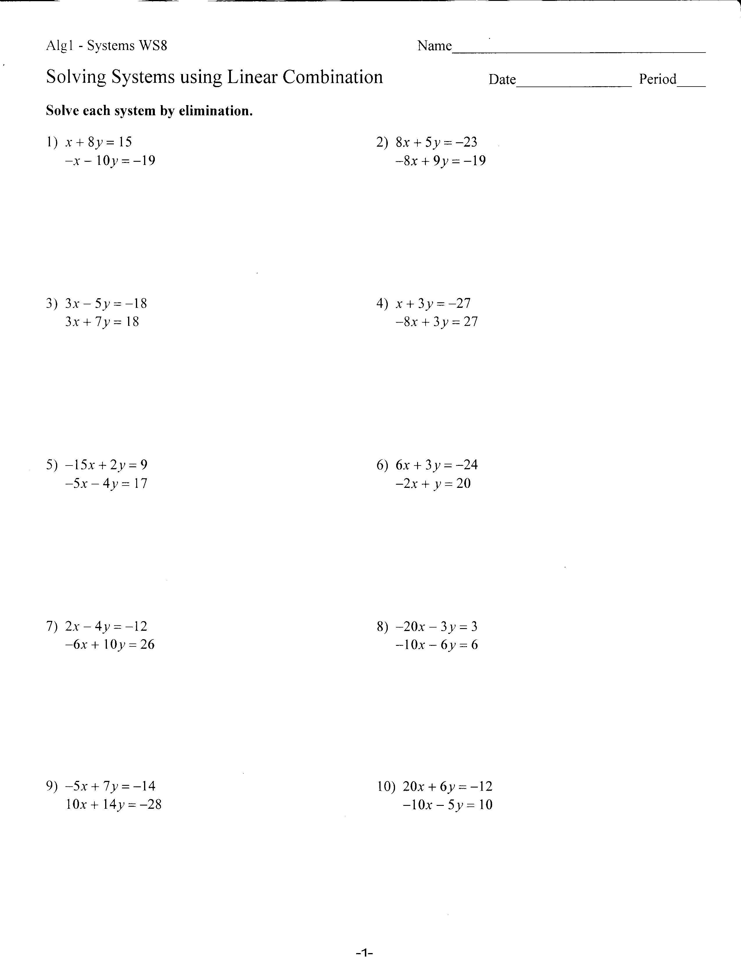 Worksheets  Mrs Lay's Webpage 201112 For Solving Systems Of Equations By Substitution Worksheet Algebra 1