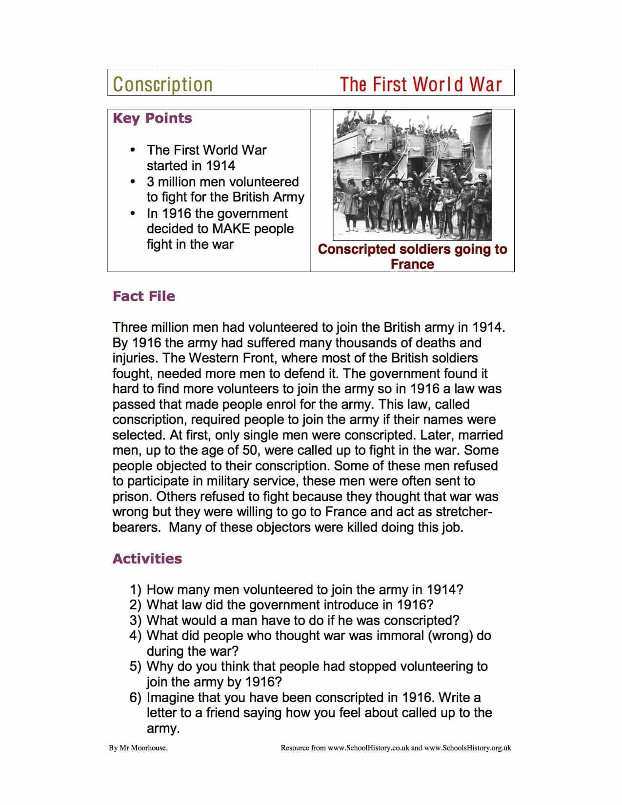 World War 1 Conscription Mid Ability Facts Worksheet As Well As World War 1 Worksheets