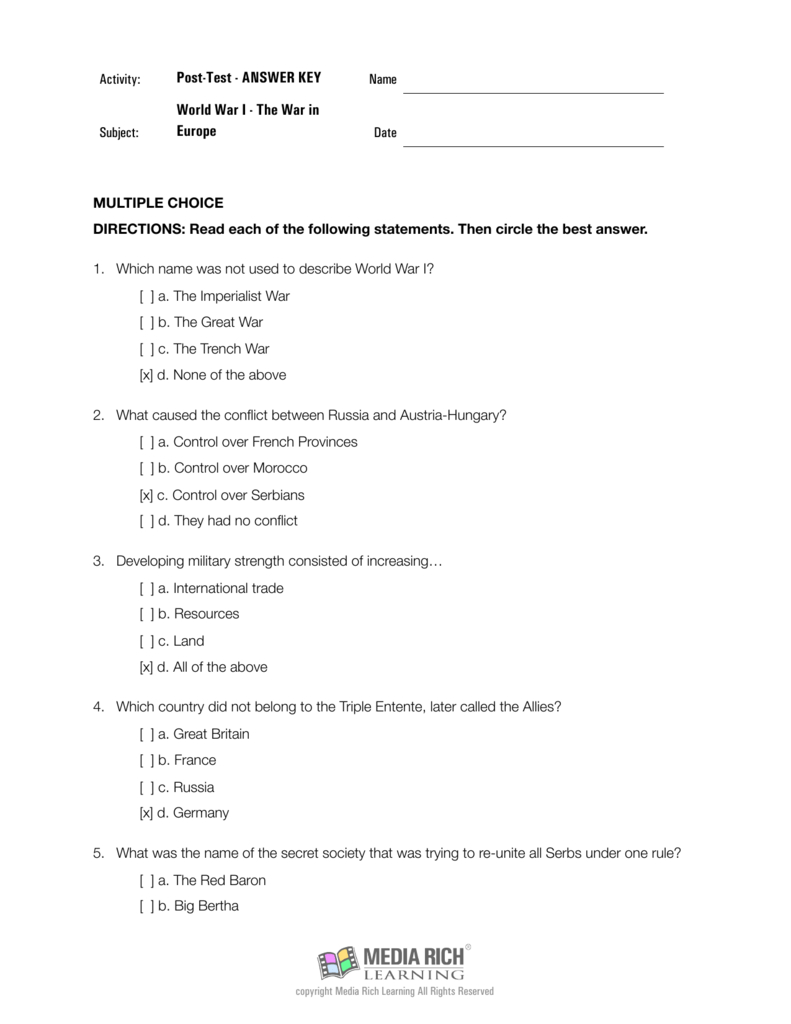 World War I  The War In Europe  Posttest Throughout The War To End All Wars Worksheet Answers Key