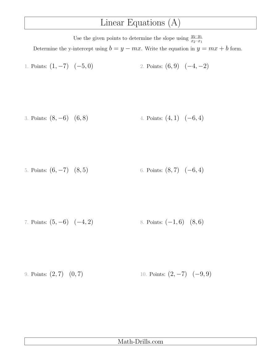 Writing A Linear Equation From Two Points A Regarding Writing Linear Equations Worksheet
