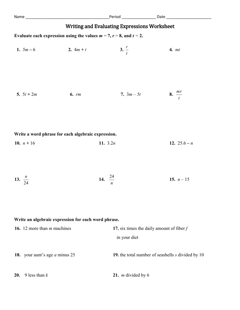 Writing And Evaluating Expressions Worksheet With Evaluating Expressions Worksheet