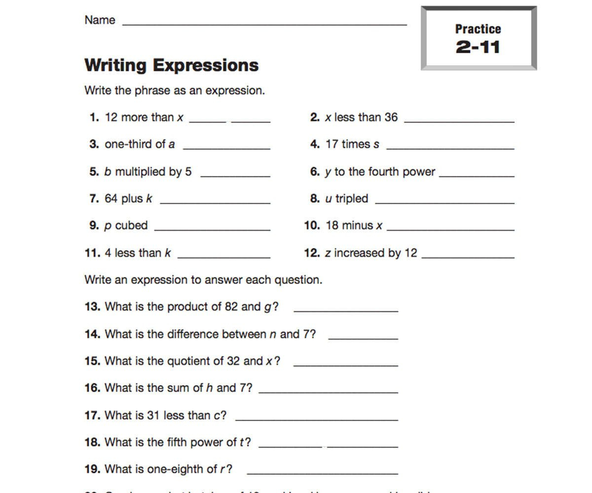 Writing Expressions  Teachervision Regarding 6Th Grade Algebraic Expressions Worksheets