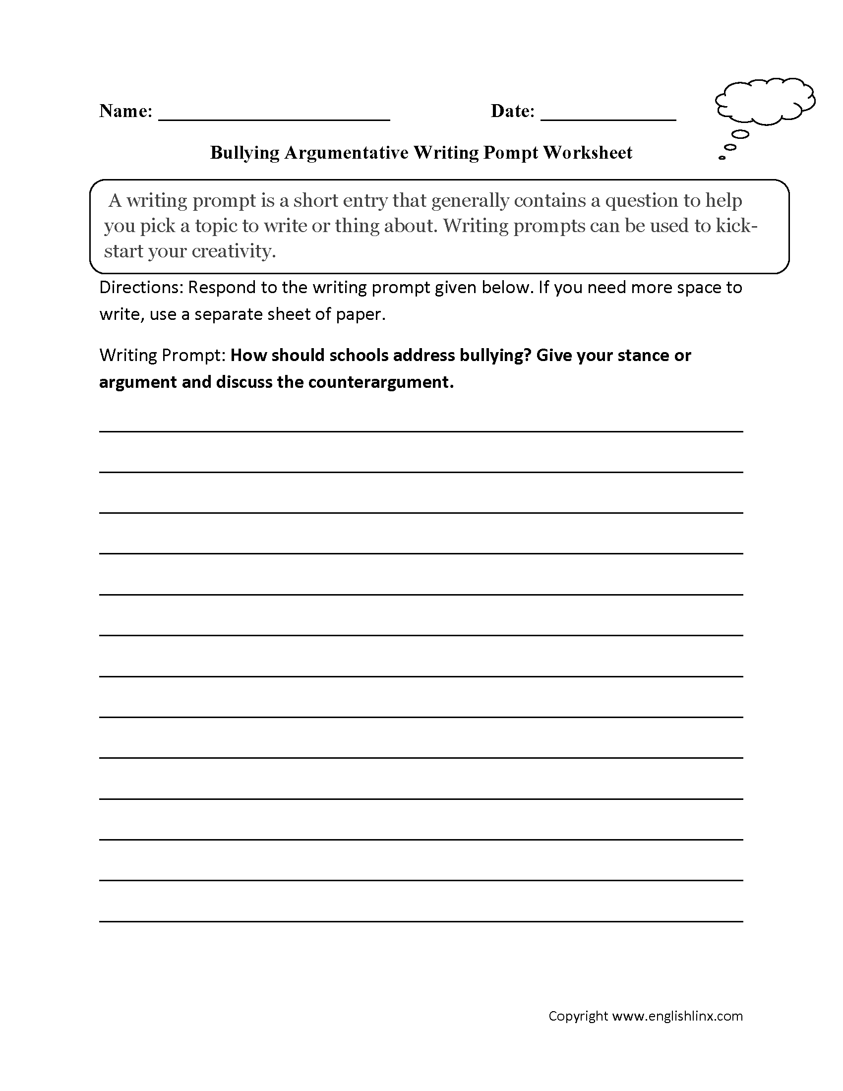 Writing Prompts Worksheets  Argumentative Writing Prompt Worksheets For Bullying Worksheets Pdf