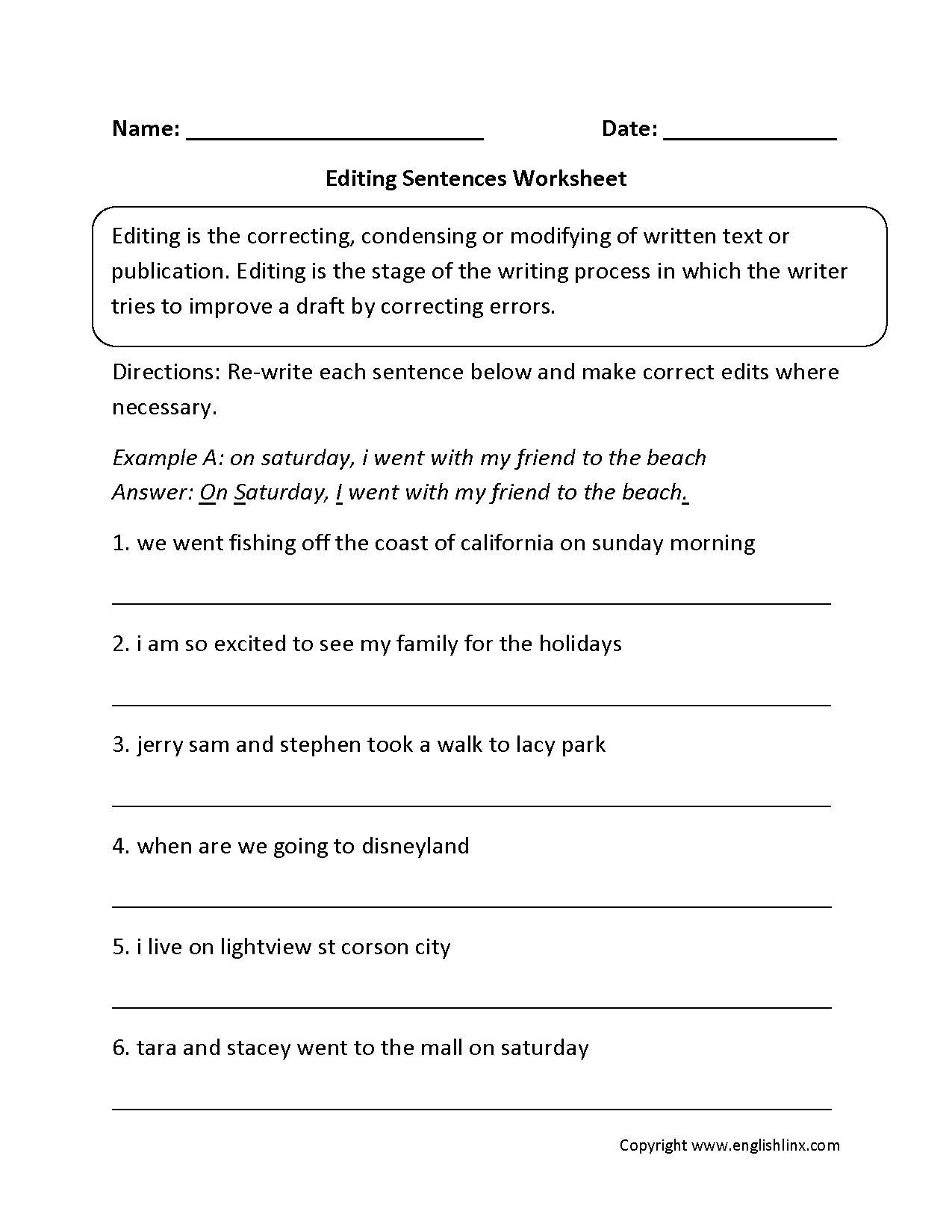 Writing Worksheets  Editing Worksheets Also Sentence Editing Worksheets