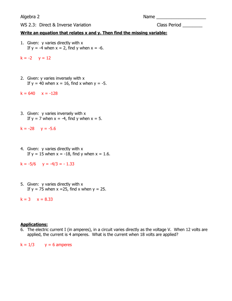 Ws 23 Answer Key And Direct And Inverse Variation Worksheet Answers