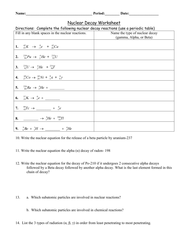 Ws Nuclear Decay Pertaining To Nuclear Decay Worksheet Answers Chemistry