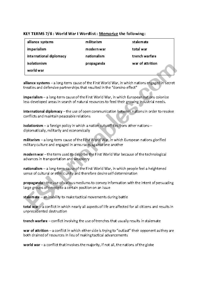 Wwi Vocabulary Packet  Esl Worksheetmmtvedt Pertaining To World War 1 Vocabulary Worksheet