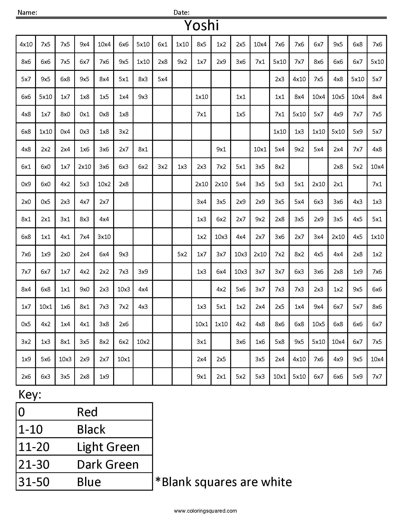 Yoshi Basic Multiplication  Coloring Squared With Regard To Multiplication Mystery Picture Worksheets