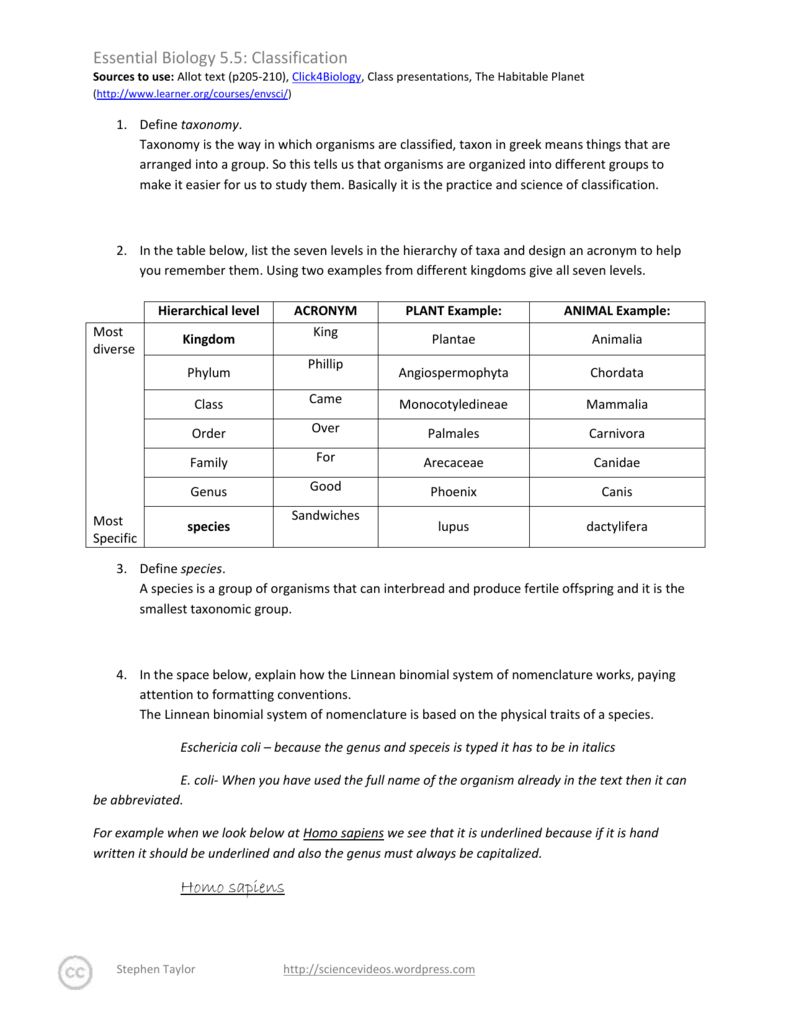 055 Classification Worksheet Intended For Biological Classification Worksheet