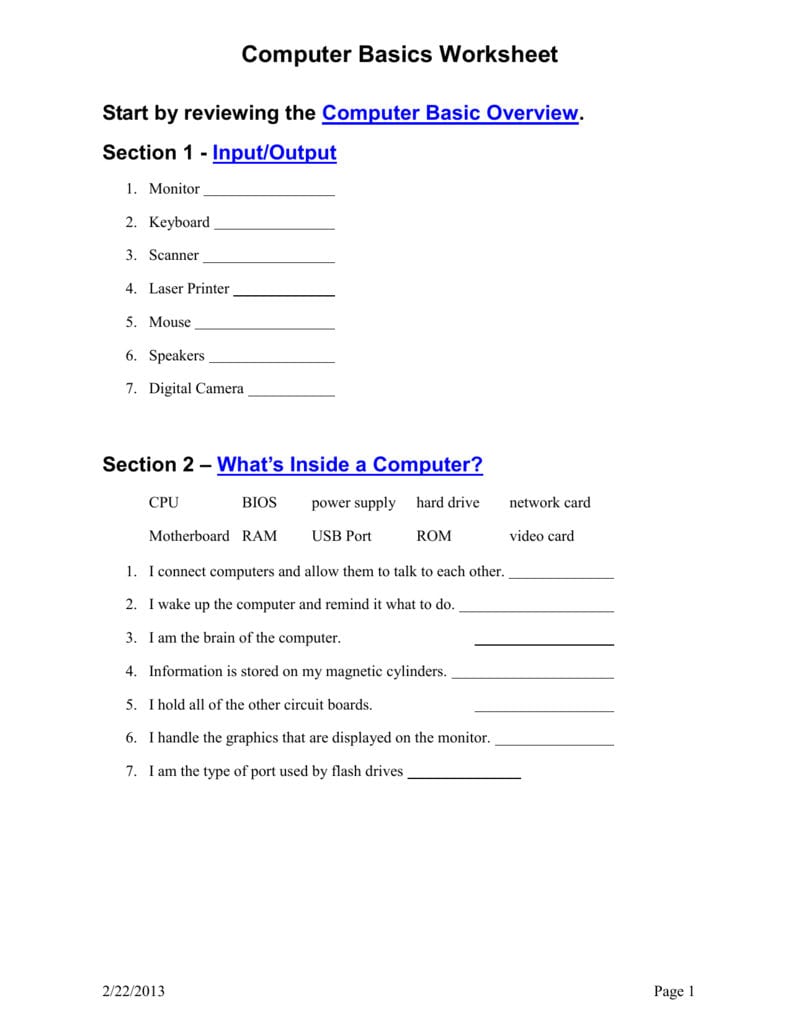 1 Computer Basics Worksheet Together With Computer Basics Worksheet Section 8