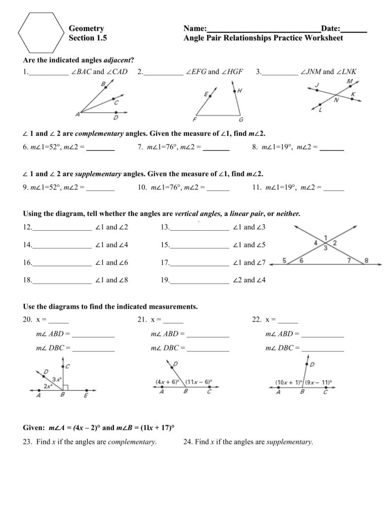 15 Angle Pair Relationships Practice Worksheet Day 1Jnt Regarding Special Angle Pairs Worksheet