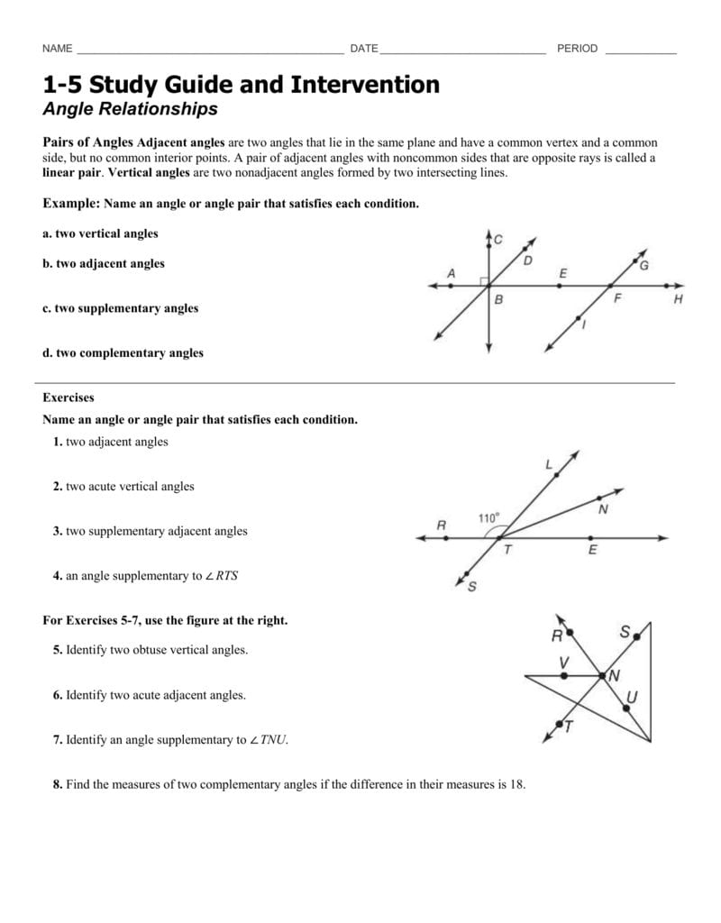 15 Study Guide And 1 5 Angle Pair Relationships Practice Worksheet Answers