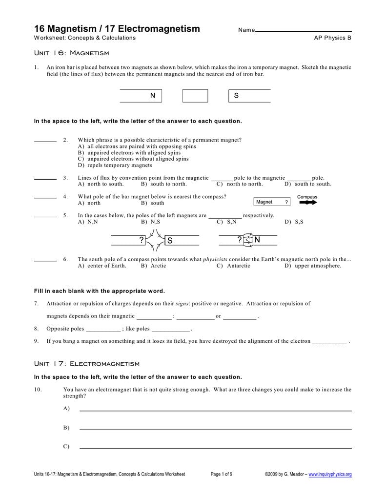 16 Magnetism  17 Electromagnetism Throughout Magnets And Magnetism Worksheet Answers