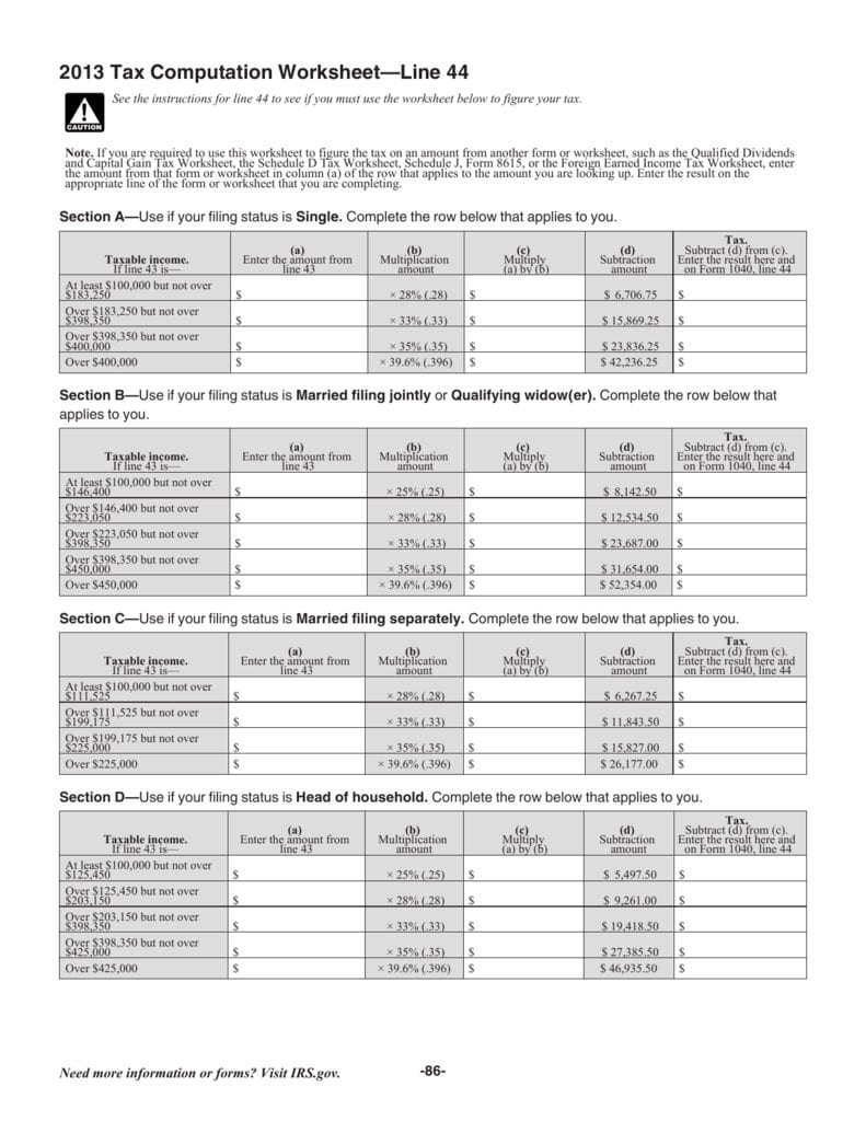 2013 Tax Computation Worksheet—Line 44 Regarding Tax Computation Worksheet