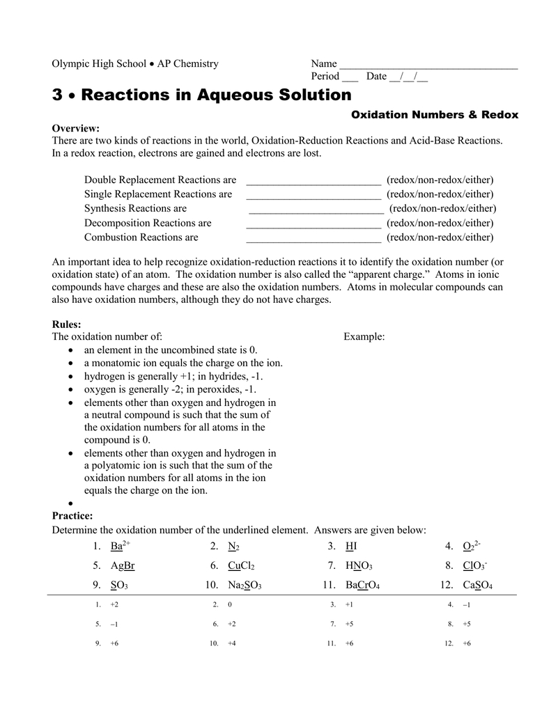 3 Or Reactions In Aqueous Solutions Worksheet Answers