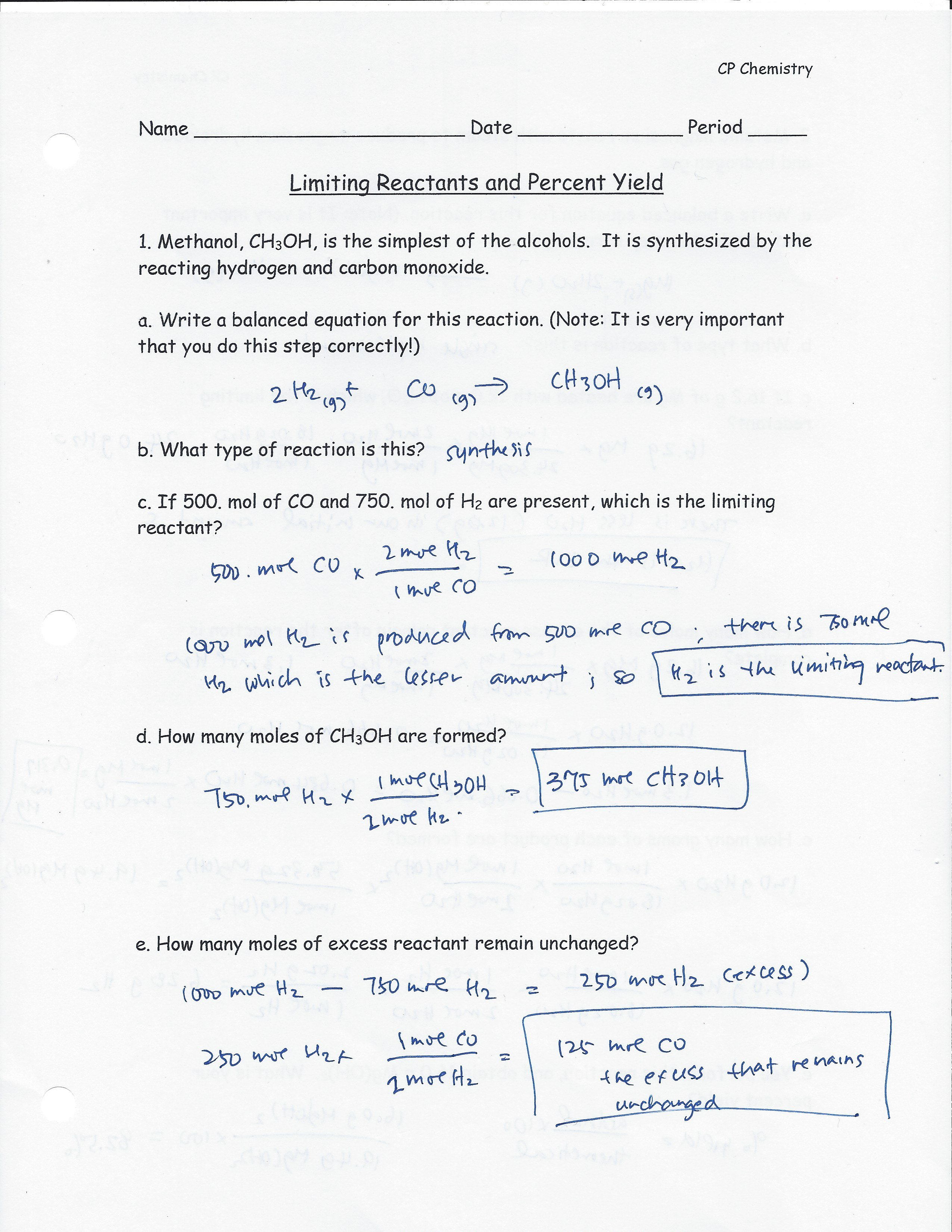 342016  Hearn Science Regarding Limiting Reactant And Percent Yield Worksheet Answer Key