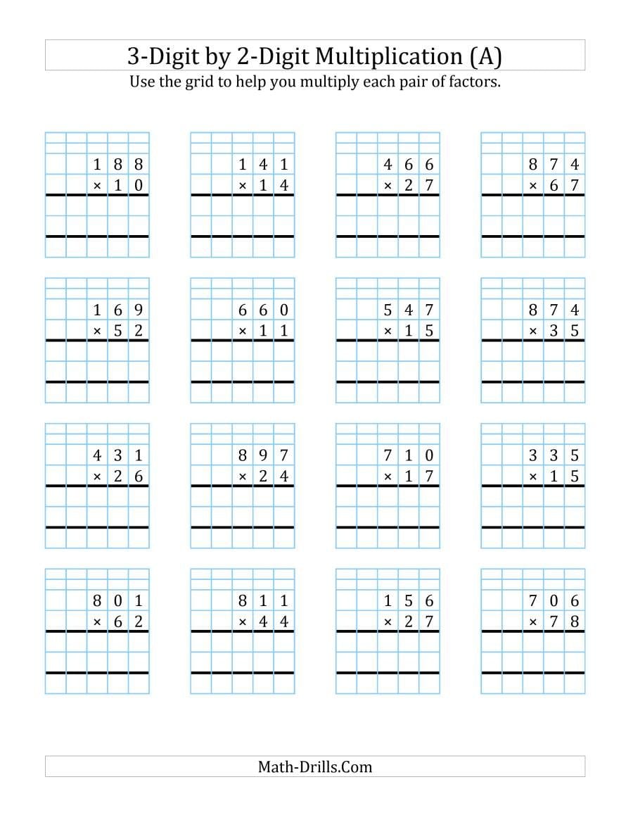 3Digit2Digit Multiplication With Grid Support A Also Double Digit By Double Digit Multiplication Worksheets
