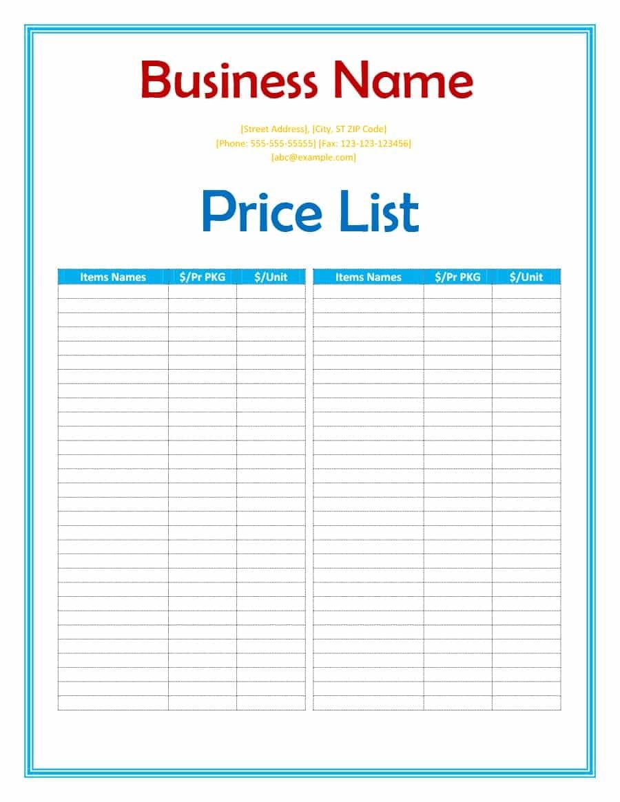 40 Free Price List Templates Price Sheet Templates ᐅ Template Lab Within Cost Worksheet Template