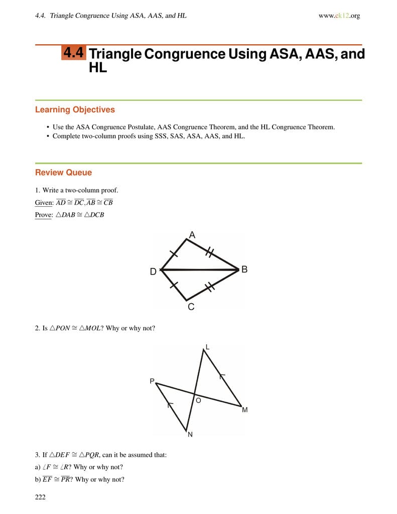 44 Triangle Congruence Using Asa Aas And Hl With Asa And Aas Congruence Worksheet Answers