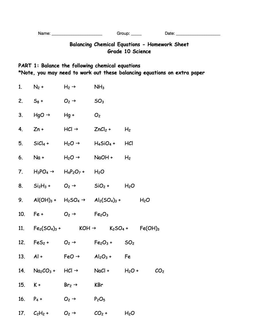 49 Balancing Chemical Equations Worksheets With Answers As Well As Balancing Chemical Equations Worksheet With Answers Grade 10
