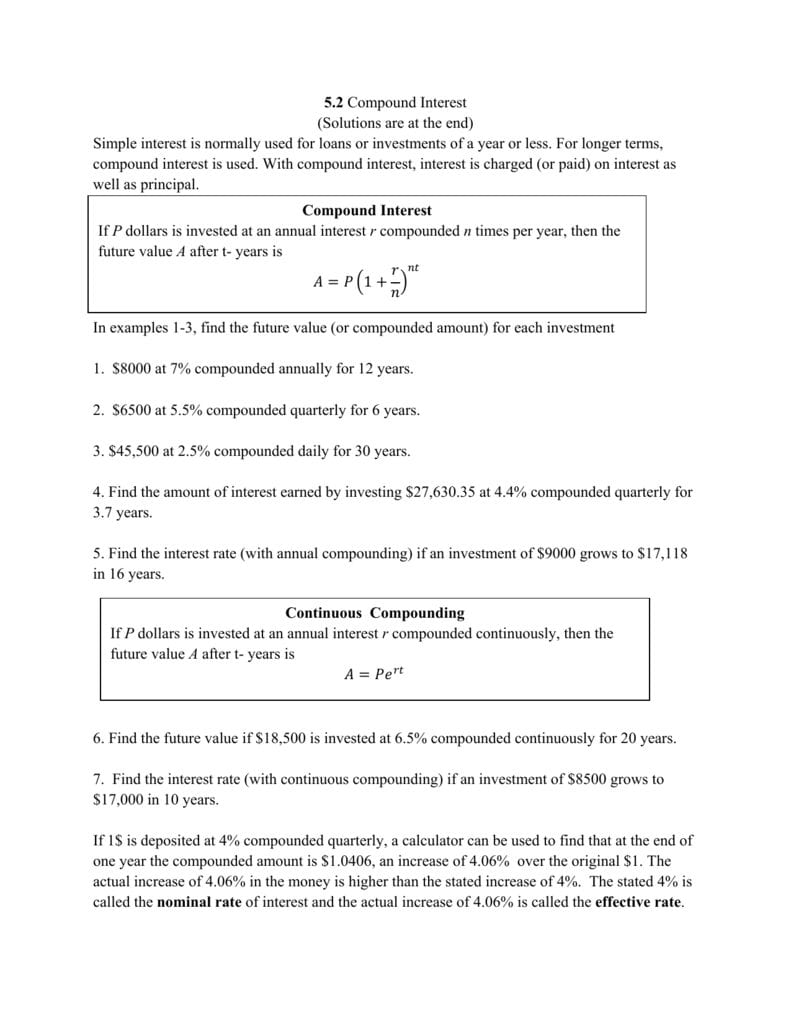 52 Compound Interest Intended For Compound Interest Worksheet Answers