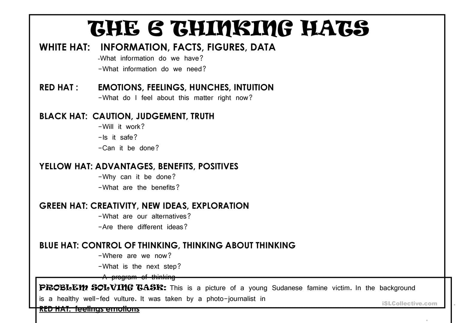 6 Thinking Hats Critical Thinking Lesson Worksheet  Free Esl With Critical Thinking Worksheets