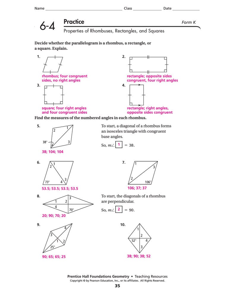 64 Practice Properties Of Rhombuses Rectangles And Squares Throughout Rhombi And Squares Worksheet Answers